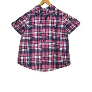 Adriana Dilfield  Shirt Plaid Floral Short-Sleeve Button-Up Size L Accent Pocket